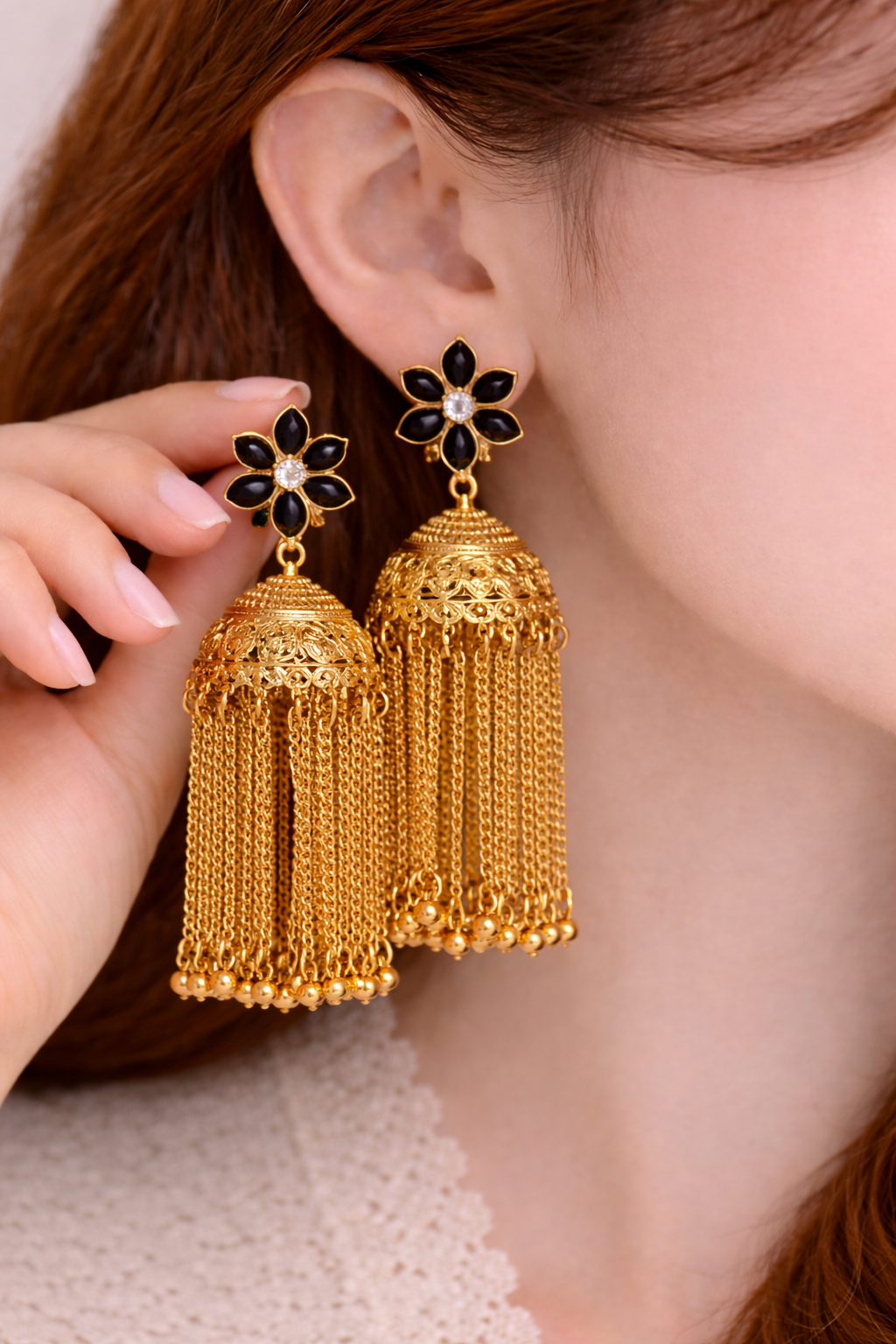 Regal Charm Gold & Black Jhumkas