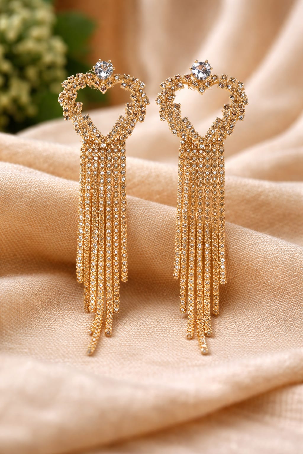 Gold Heart Tassel Drop Earrings