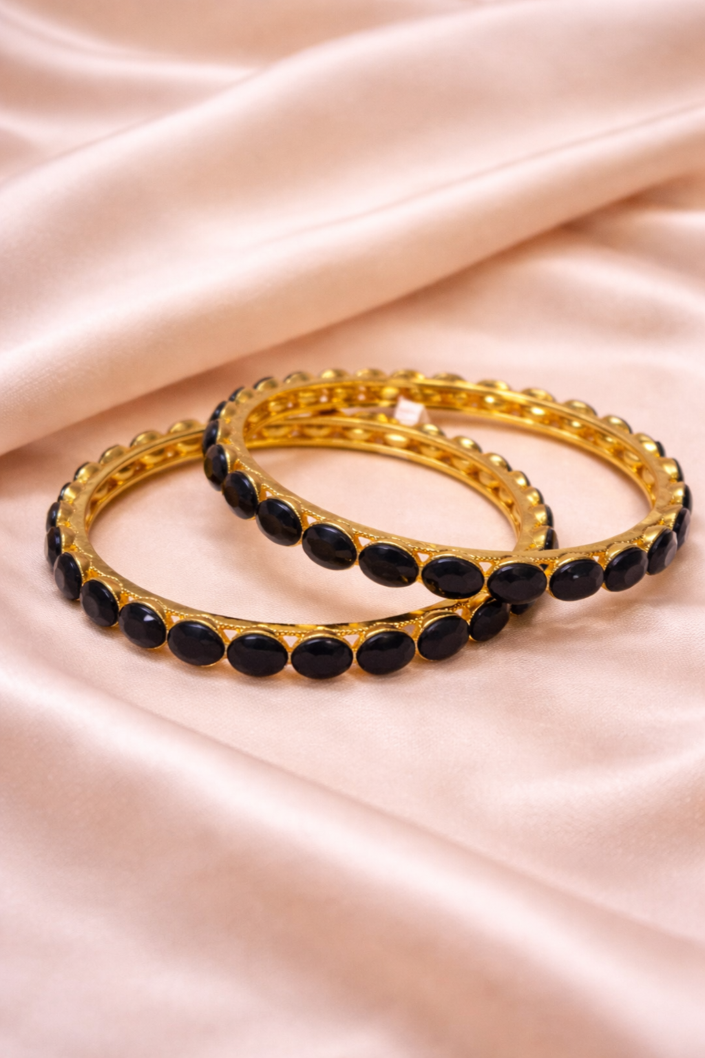 Gold-Plated Black Oval Stone Bangle Set for Women