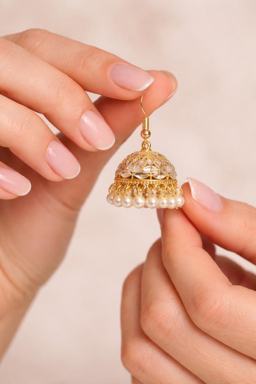 Gold-Plated Pearl Drop Earrings with Crystal Detailing