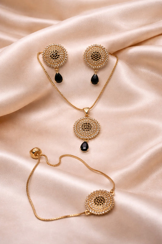 Gold-Plated Black Stone Pendant Jewelry Set
