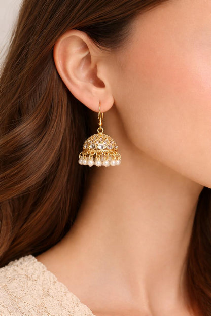 Gold-Plated Pearl Drop Earrings with Crystal Detailing