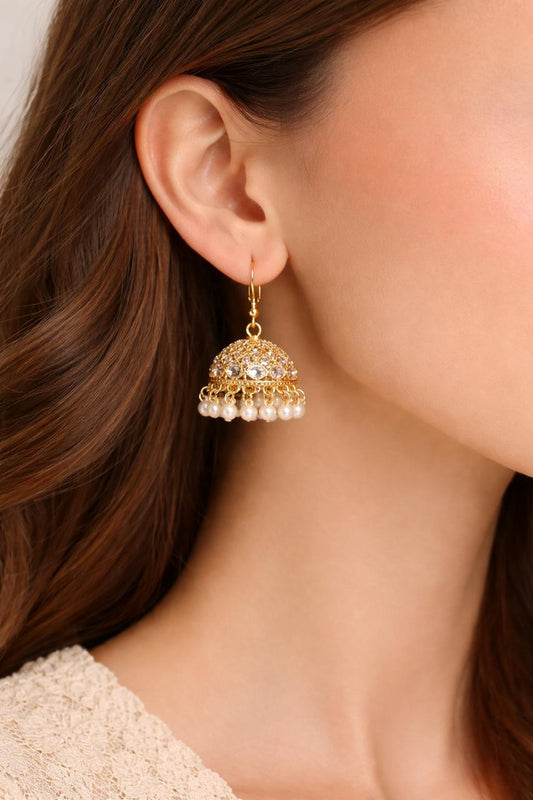 Gold-Plated Pearl Drop Earrings with Crystal Detailing