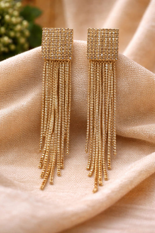 Gold Rhinestone Fringe Tassel Statement Earrings