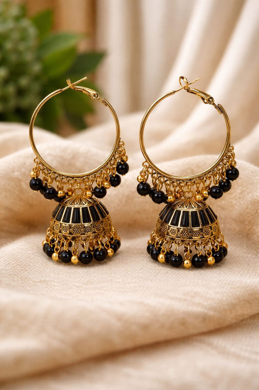 Gold-Plated Black Bead Drop Hoop Earrings with Detailed Charm
